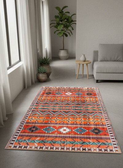 Turuncu Terrakota Baskın Çok Renkli Yatay Şeritli Zigzag Navajo Kafkas Geometrik Etnik Salon Halısı