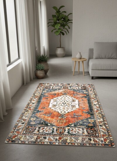 Terrakota Turuncu Zemin Krem Merkezi Madalyon Çiçekli Serapi Heriz Persian Eskitme Vintage Salon Halısı