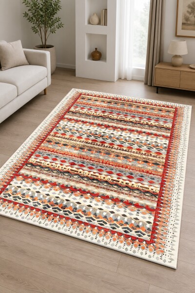 Krem Beyaz Zemin Çok Renkli Yatay Şeritli Baklava Geometrik Kafkas Etnik Kilim Salon Halısı