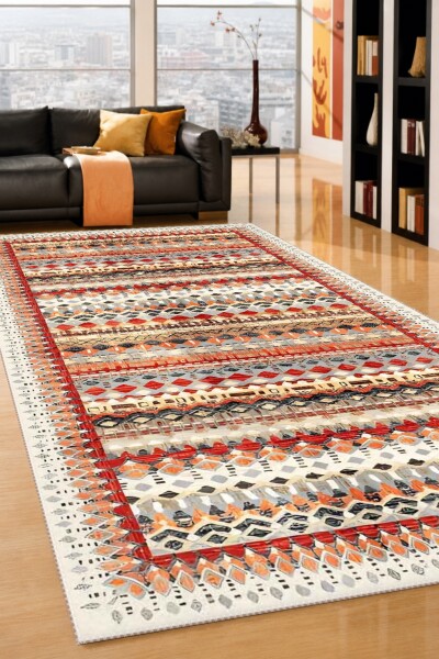 Krem Beyaz Zemin Çok Renkli Yatay Şeritli Baklava Geometrik Kafkas Etnik Kilim Salon Halısı