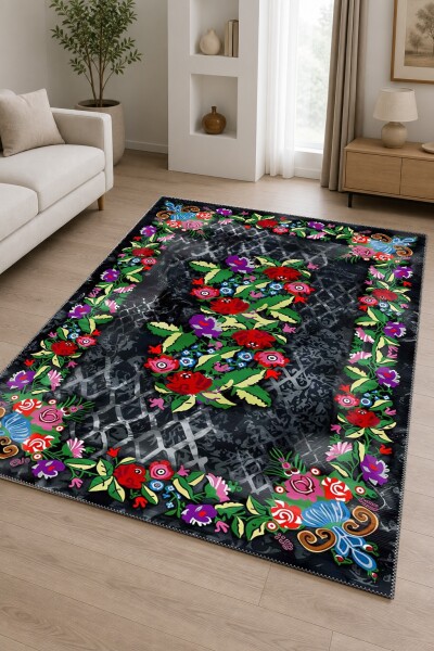 Siyah Koyu Zemin Çok Renkli Kırmızı Pembe Mor Çiçek Buketi Gül Sarmaşık Moldovan Kilim Salon Halısı