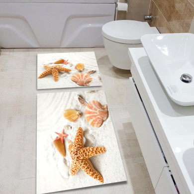 Deniz Kabukları Deniz Yıldızı İkili Banyo Paspas Seti – Krem Turuncu Doğal Sahil