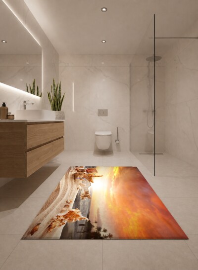 Deniz Kabukları Şişe Kumsal Gökyüzü İkili Banyo Paspas Seti – Gün Batımı Romantik Şişeye Mesaj