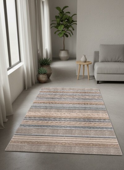 Doğal Renkli Kilim Şeritli Dekoratif Salon Halısı – Bej Gri Kahverengi
