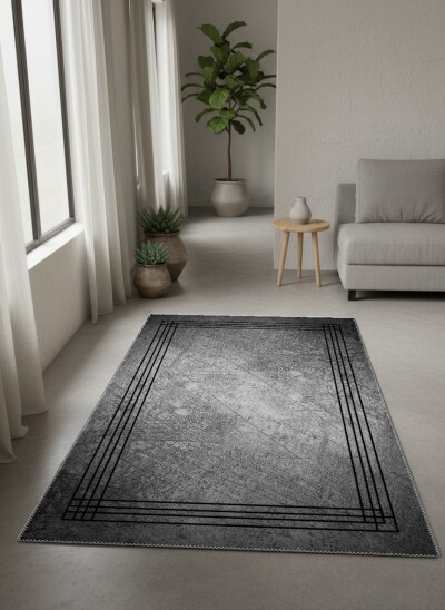 Eskitme Beton Doku Çizikli Endüstriyel Gri Çerçeve Bordürlü Salon Halısı