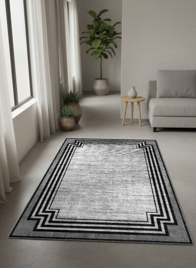Eskitme Köşeli Art Deco Çerçeveli Dekoratif Salon Halısı – Gri Gümüş Siyah