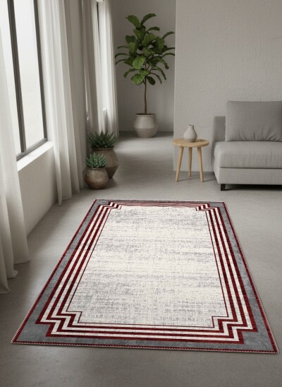 Eskitme Köşeli Art Deco Çerçeveli Dekoratif Salon Halısı – Krem Bordo