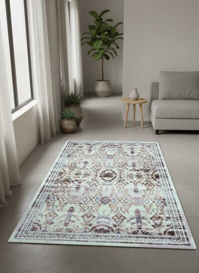 Eskitme Mint Ikat Trellis Madalyon Dekoratif Salon Halısı – Mint Kahve Mor