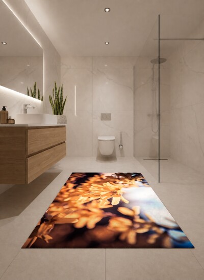 Forsythia Bahar Çiçeği Dekoratif Salon Halısı – Altın Sarı Sıcak Bokeh