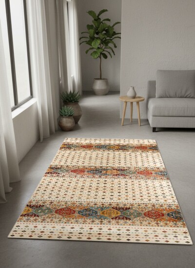 Geleneksel Kilim Şeritli Dekoratif Salon Halısı – Toprak Renk Krem