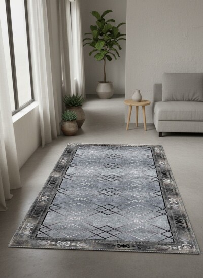 Geometrik Elmas Çiçekli Bordürlü Dekoratif Salon Halısı – Gri Siyah Modern Klasik