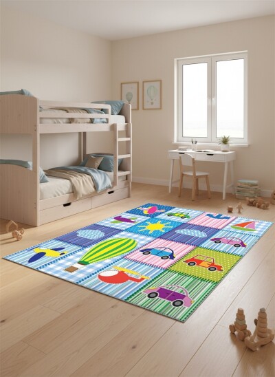 Hava ve Kara Taşıtlı Patchwork Çocuk Odası Halısı