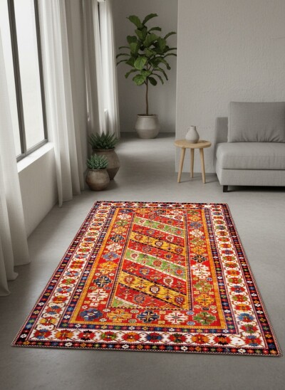 Kafkasya Kazak Diagonal Geometrik Şeritli Dekoratif Salon Halısı – Kırmızı Çok Renkli