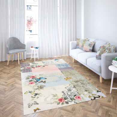 Vintage Bohem Çok Panelli Kelebek Pembe Gül Eskitme Patchwork Halı