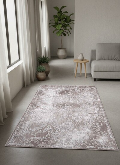 Klasik Osmanlı Damask Eskitme Dekoratif Salon Halısı – Gri Bej Beyaz