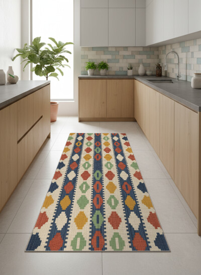 Lacivert Kırmızı Turuncu Sarı Yeşil Anadolu Kilim Kalem Ucu Geometrik Halı