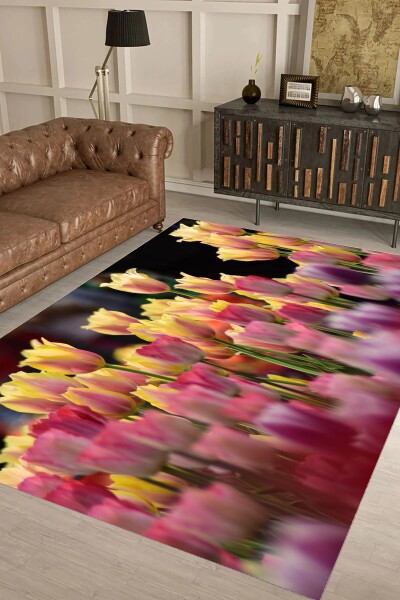 Lale Bahçesi Dekoratif Salon Halısı – Pembe Sarı Mor Canlı Bahar
