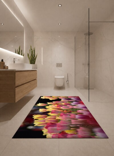 Lale Bahçesi Dekoratif Salon Halısı – Pembe Sarı Mor Canlı Bahar