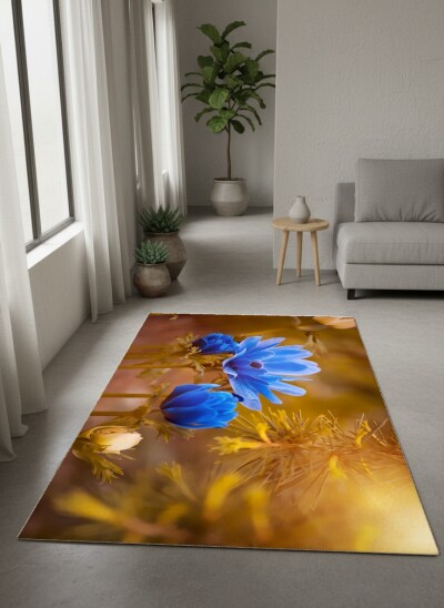 Mavi Anemone Çiçeği Dekoratif Salon Halısı – Kobalt Mavi Altın Bokeh