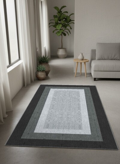 Minimalist Çerçeveli Dekoratif Salon Halısı – Siyah Gri Gradyan Sade