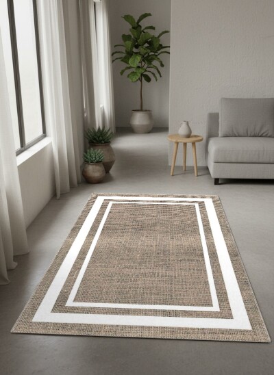 Minimalist Çerçeveli Keten Dokulu Dekoratif Salon Halısı – Bej Kahve Beyaz