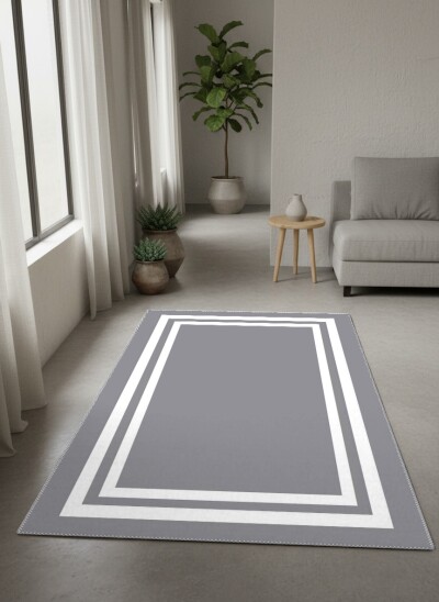 Minimalist Düz Gri Beyaz Çift Çerçeve Bordürlü Salon Halısı