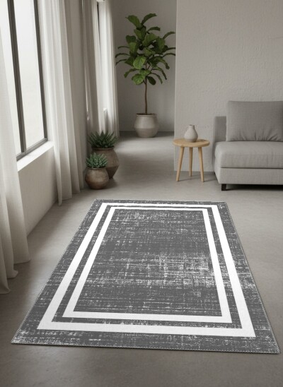 Minimalist Gri Doku Çift Çerçeveli Dekoratif Salon Halısı – Gri Beyaz
