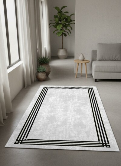 Minimalist Gri Mermer Doku Üçlü Çerçeveli Dekoratif Salon Halısı – Gri Siyah
