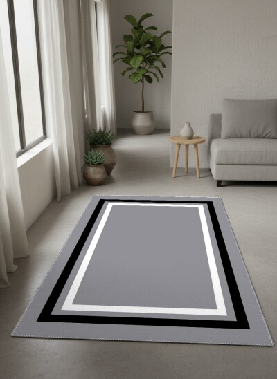 Minimalist Gri Siyah Beyaz Üç Renkli Çerçeve Bordürlü Salon Halısı