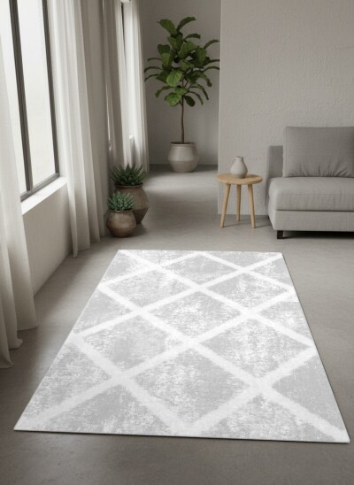 Minimalist Gümüş Elmas Trellis Dokulu Dekoratif Salon Halısı – Beyaz Gümüş