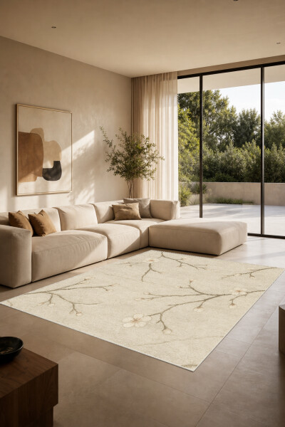 Minimalist Japon Kiraz Çiçeği Dekoratif Salon Halısı – Krem Bej Sade Zarif