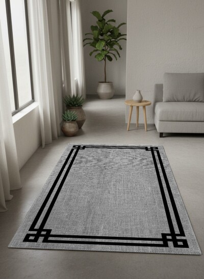 Minimalist Köşe Çerçeveli Dekoratif Salon Halısı – Açık Gri Siyah Bordür Sade