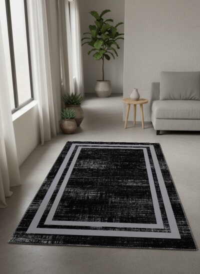 Minimalist Siyah Doku Gri Çerçeveli Dekoratif Salon Halısı – Siyah Gri