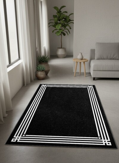 Minimalist Siyah Düz Yüzey Çift Çerçeve Bordürlü Salon Halısı — Siyah Beyaz
