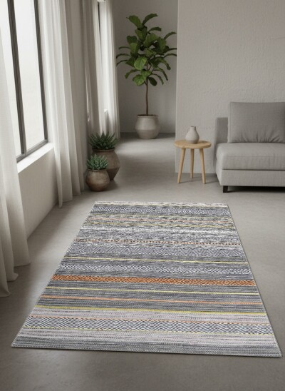 Modern Etnik Kilim Şeritli Dekoratif Salon Halısı – Gri Turuncu Sarı