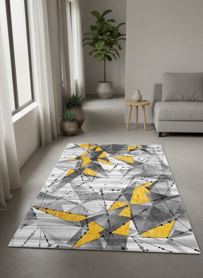Modern Geometrik Constellation Altın Üçgenli Dekoratif Salon Halısı – Beyaz Gri Altın