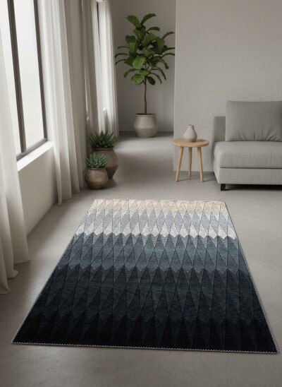 Modern Zigzag Sivri Dalgalı Ombre Dekoratif Salon Halısı – Gri Antrasit