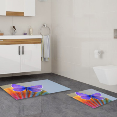 Mor Kelebekli İkili Banyo Paspas Seti – Menekşe Mor Makro Fotoğraf Sanatı