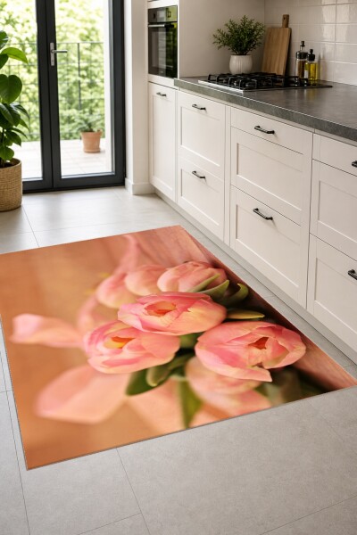 Pembe Lale Buketi Dekoratif Salon Halısı – Pastel Pembe Romantik Rustik
