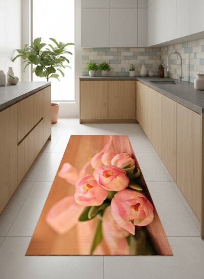 Pembe Lale Buketi Dekoratif Salon Halısı – Pastel Pembe Romantik Rustik