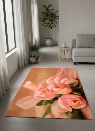 Pembe Lale Buketi Dekoratif Salon Halısı – Pastel Pembe Romantik Rustik