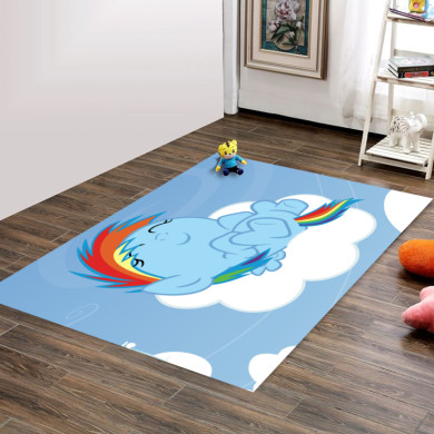 Rainbow Pony Kız Çocuk Odası Halısı – Mavi Gökkuşağı Bulutlu Masal