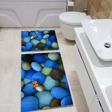 Renkli Taşlar ve Kelebek İkili Banyo Paspas Seti – Mavi Teal Turuncu Kontrast