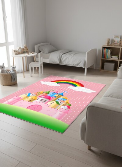 Şato Gökkuşaklı Prenses Kız Çocuk Odası Halısı – Pembe Renkli Masal
