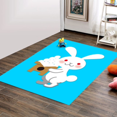 Sevimli Tavşan Erkek Çocuk Odası Halısı – Turkuaz Beyaz Kawaii Neşeli