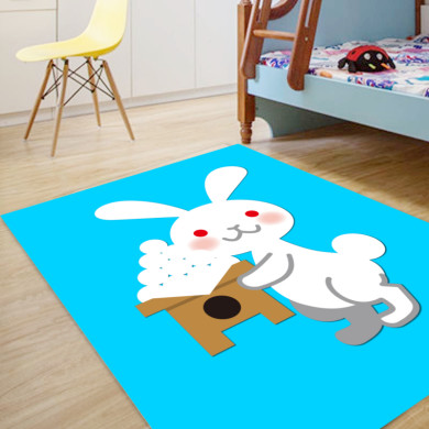 Sevimli Tavşan Erkek Çocuk Odası Halısı – Turkuaz Beyaz Kawaii Neşeli