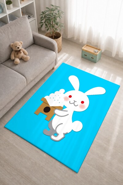 Sevimli Tavşan Erkek Çocuk Odası Halısı – Turkuaz Beyaz Kawaii Neşeli