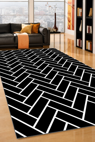 Siyah Beyaz Çizgili Dekoratif Halı – Balık Kılçığı Herringbone Mimari Siyah