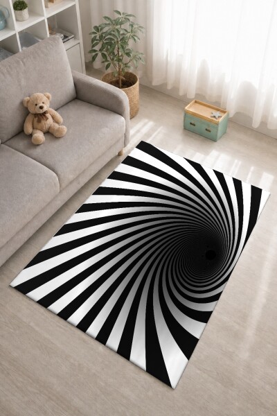 Siyah Beyaz Helozonik Desenli Dekoratif Halı – Spiral Vorteks 3D Tünel Optik