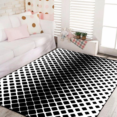 Siyah Beyaz Kareler Dekoratif Halı – Op-Art Elmas Optik İllüzyon Derin